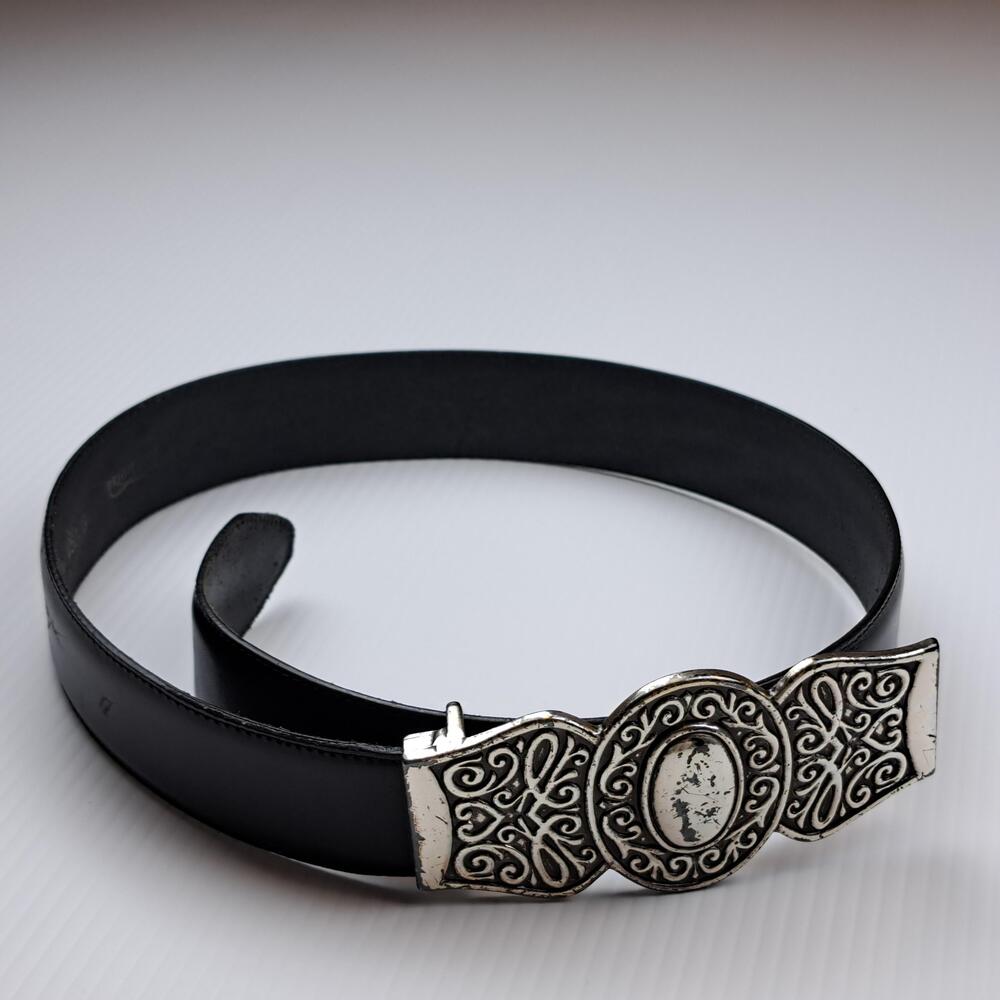 Vintage Brighton Belt Womens M Black Leather Western Scroll Buckle 1994 90s